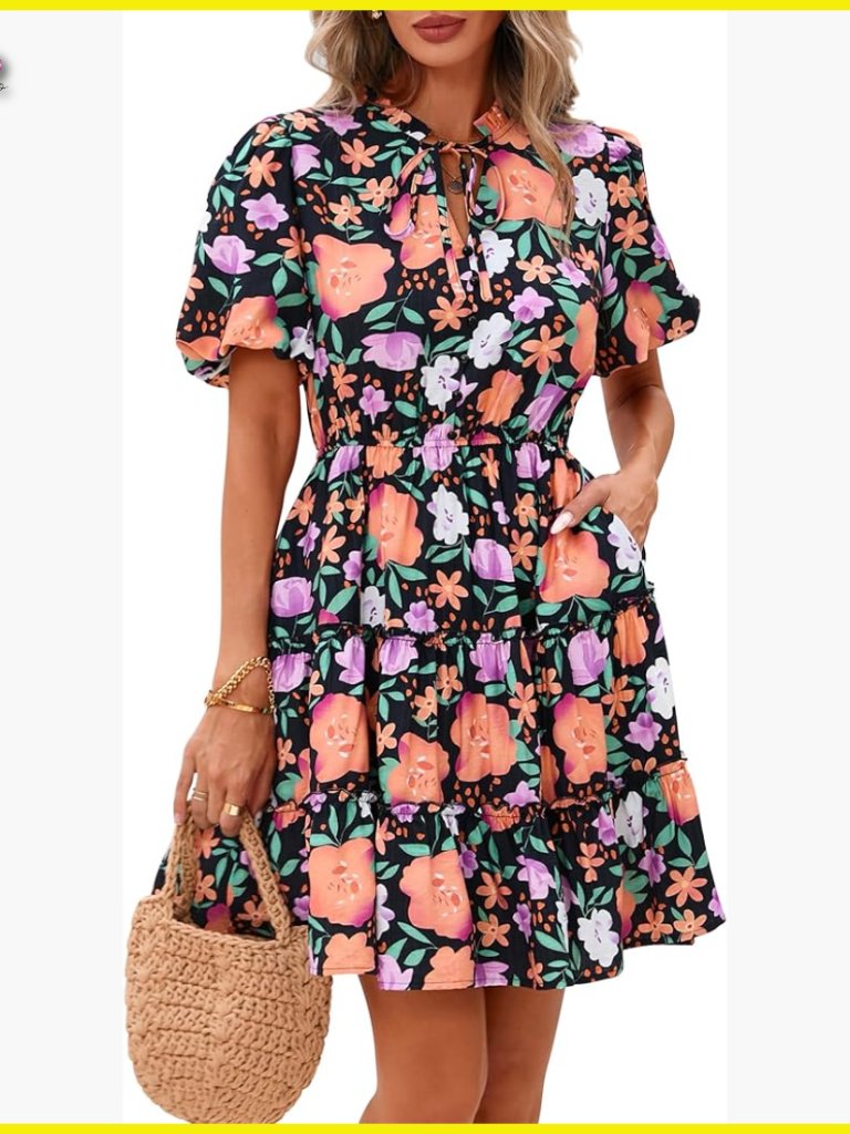 Boho Floral Mini Dress V-Neck Tiered Ruffle A-Line Summer Swing Casual